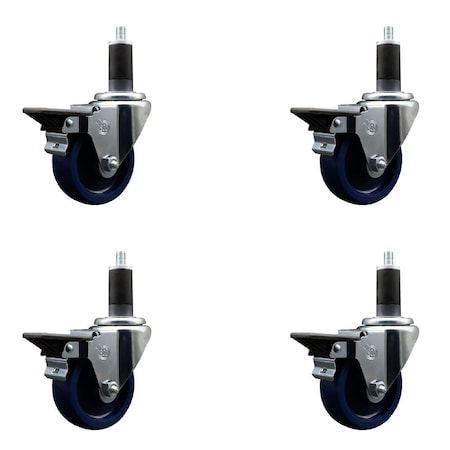Service Caster 3.5'' Solid Poly Swivel 1-1/4'' Expanding Stem Caster Set with Brake, 4PK SCC-EX20S3514-SPUS-PLB-114-4